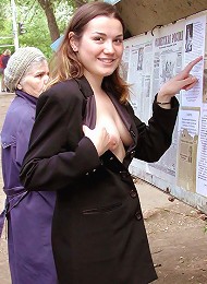 Young fat prankster flashes her tits in public